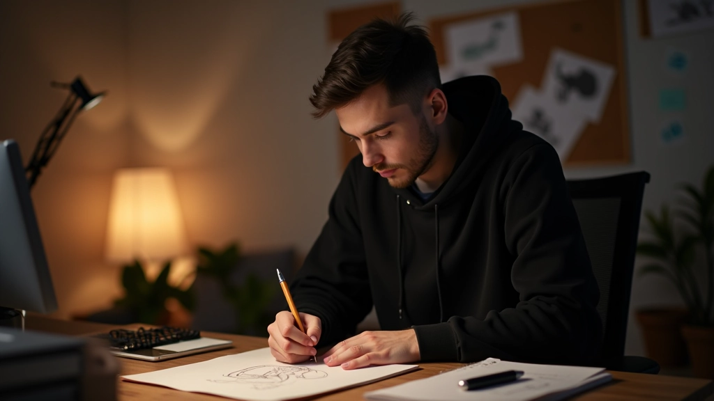 Artist sketching character concepts in notebook with reference images pinned to board, warm studio lighting, pencil and eraser visible