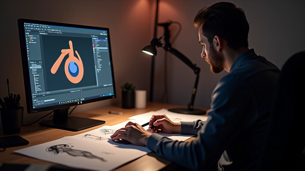 Character modeler's desk with Blender displayed on monitor, sketch references on desk, and modeling tools scattered around professional workspace