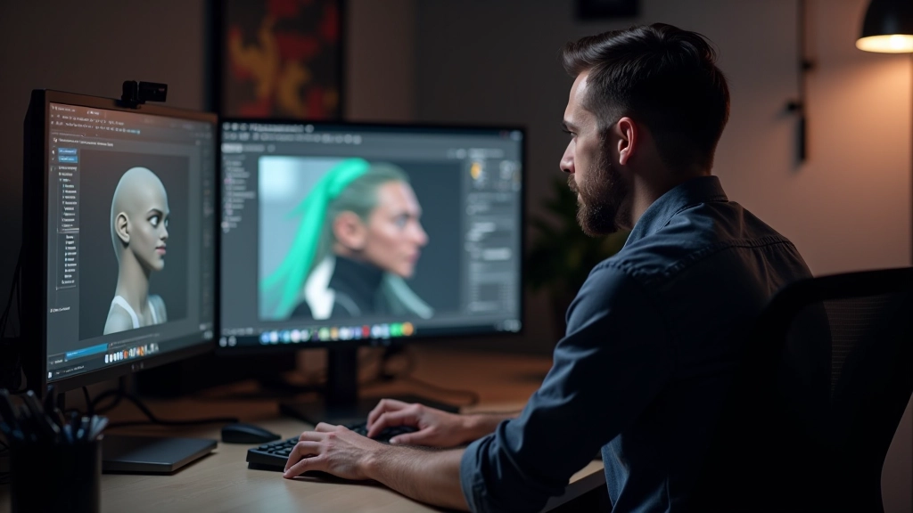Digital artist working on character design using Blender software on desktop monitor