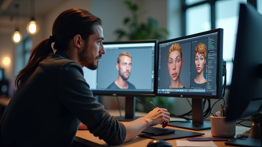 Artist working in Substance 3D Painter with a character model, applying base colors and texturing details using brush tools and material presets