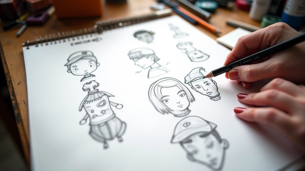Hand-drawn character concept art sketches spread across art paper with colored pencils nearby