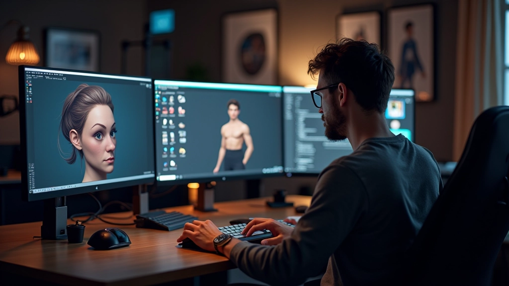 Professional 3D character artist workspace with monitors and design tools