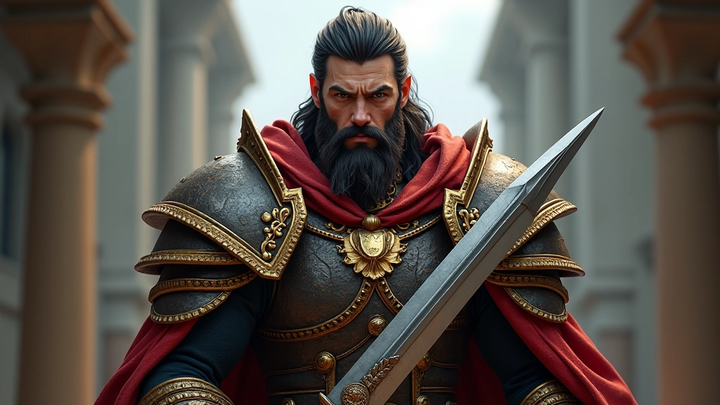 Stylized fantasy warrior character with detailed armor and weapon design