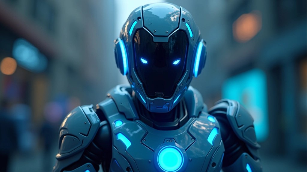 Stylized sci-fi robot character with glowing blue accents and mechanical design