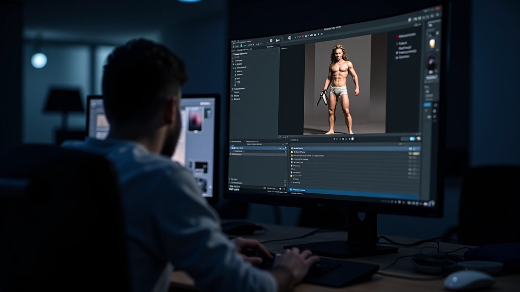 Game engine viewport showing a fully textured and lit 3D character model with multiple texture maps applied, demonstrating final rendered result with realistic materials and shadows